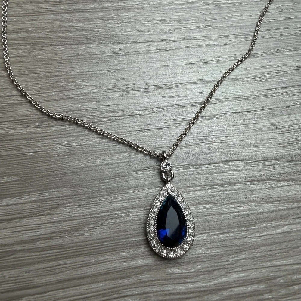 Carolee New York Simulated Blue Sapphire Crystal Halo Teardrop Necklace New